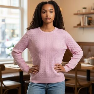 KIM ROGERS BABY PINK CABLE KNIT CREWNECK SWEATER Long Sleeve Pullover Size L
